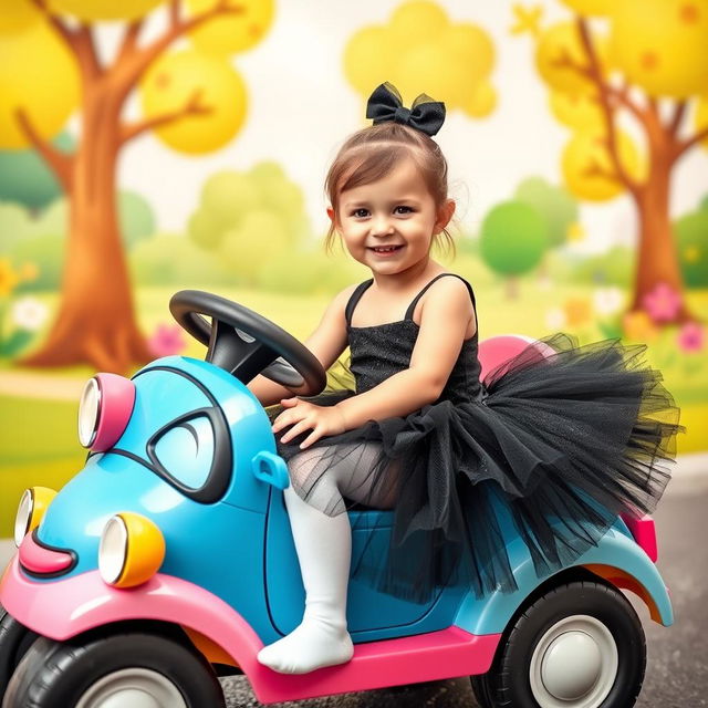 A young girl with a vibrant, playful spirit, wearing a black tutu and white pantyhose, seated in a colorful cartoon-style car