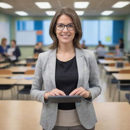 Digitally savvy, 21st-century teacher with modern clothes holding a tablet, surrounded by innovative educational tools, in a high-tech classroom setting.