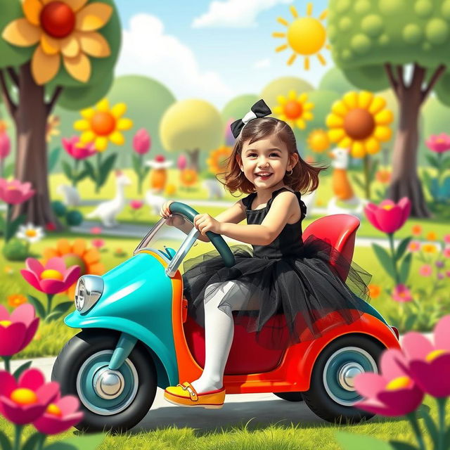 A joyful young girl wearing a black tutu and white pantyhose is having fun driving a colorful car in a playful, cartoon-style world