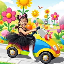 A joyful young girl wearing a black tutu and white pantyhose is having fun driving a colorful car in a playful, cartoon-style world