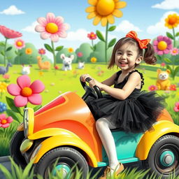 A joyful young girl wearing a black tutu and white pantyhose is having fun driving a colorful car in a playful, cartoon-style world