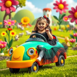 A joyful young girl wearing a black tutu and white pantyhose is having fun driving a colorful car in a playful, cartoon-style world