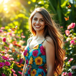 A portrait of a young woman with long, flowing hair, wearing a stylish, colorful dress