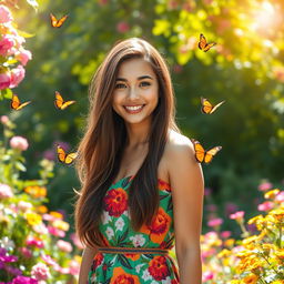 A portrait of a young woman with long, flowing hair, wearing a stylish, colorful dress