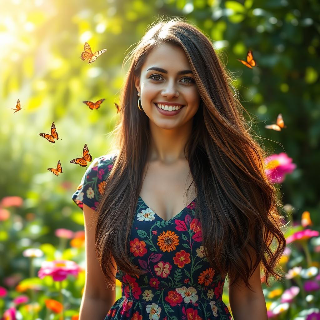 A portrait of a young woman with long, flowing hair, wearing a stylish, colorful dress