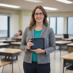 Digitally savvy, 21st-century teacher with modern clothes holding a tablet, surrounded by innovative educational tools, in a high-tech classroom setting.