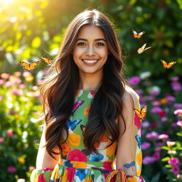 A portrait of a young woman with long, flowing hair, wearing a stylish, colorful dress