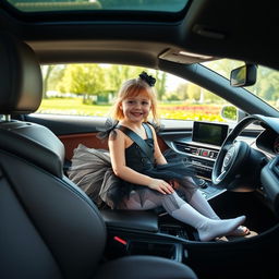 A cheerful young girl, around 10 years old, seated in the driver's seat of a sleek Audi A7