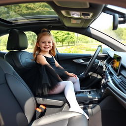 A cheerful young girl, around 10 years old, seated in the driver's seat of a sleek Audi A7