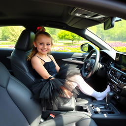 A cheerful young girl, around 10 years old, seated in the driver's seat of a sleek Audi A7