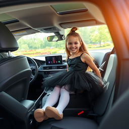 A cheerful young girl, around 10 years old, seated in the driver's seat of a sleek Audi A7