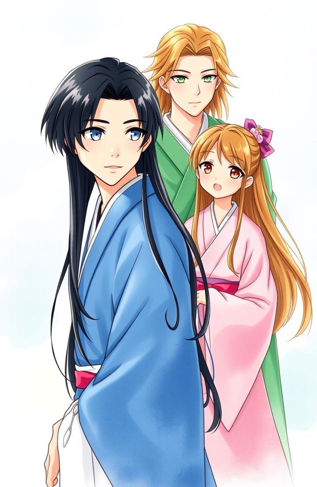 In the foreground, a young man in a blue hanfu with light gray eyes and long black hair gazes at a girl standing beside him, dressed in a pink hanfu, with hair the color of rye and honey-colored eyes