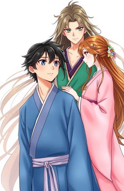 In the foreground, a young man in a blue hanfu with light gray eyes and long black hair gazes at a girl standing beside him, dressed in a pink hanfu, with hair the color of rye and honey-colored eyes