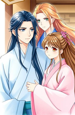 In the foreground, a young man in a blue hanfu with light gray eyes and long black hair gazes at a girl standing beside him, dressed in a pink hanfu, with hair the color of rye and honey-colored eyes