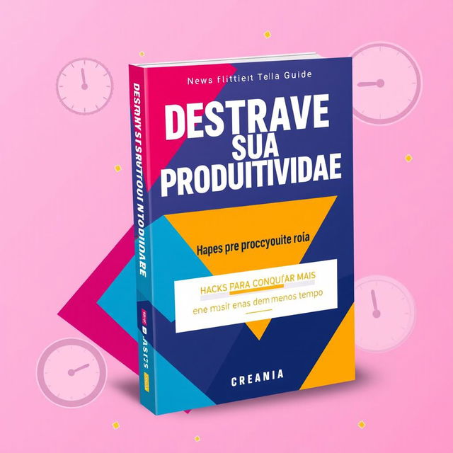 A visually engaging book cover design for a productivity guide titled 'Destrave Sua Produtividade: Hacks para Conquistar Mais em Menos Tempo'