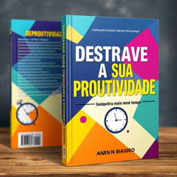 A visually engaging book cover design for a productivity guide titled 'Destrave Sua Produtividade: Hacks para Conquistar Mais em Menos Tempo'