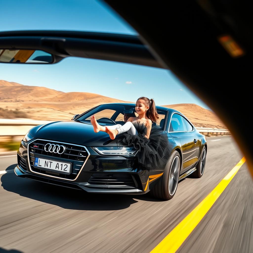 A dynamic scene featuring an Audi A7 speeding down a scenic highway