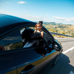 A dynamic scene featuring an Audi A7 speeding down a scenic highway