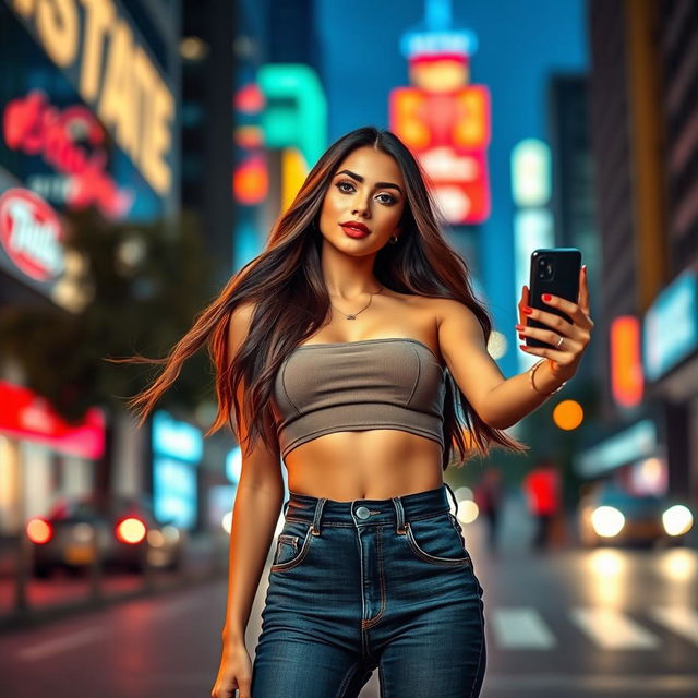 A stunning sexy female influencer stands confidently against a vibrant urban backdrop, exuding charisma and fashion-forward style