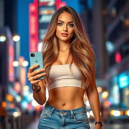 A stunning sexy female influencer stands confidently against a vibrant urban backdrop, exuding charisma and fashion-forward style