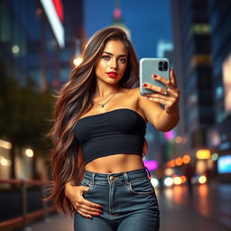 A stunning sexy female influencer stands confidently against a vibrant urban backdrop, exuding charisma and fashion-forward style