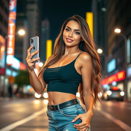 A stunning sexy female influencer stands confidently against a vibrant urban backdrop, exuding charisma and fashion-forward style