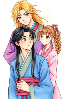 A young man in a blue hanfu with light gray eyes and long black hair stands in the foreground, gazing at a young woman beside him who is dressed in a pink hanfu, having hair the color of rye, and amber eyes