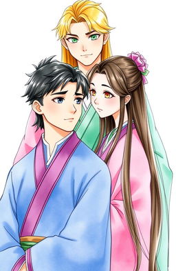 A young man in a blue hanfu with light gray eyes and long black hair stands in the foreground, gazing at a young woman beside him who is dressed in a pink hanfu, having hair the color of rye, and amber eyes