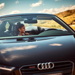 A dynamic scene featuring an Audi A7 driving down a scenic highway