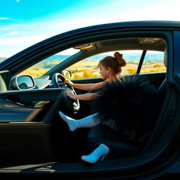 A dynamic scene featuring an Audi A7 driving down a scenic highway