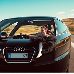 A dynamic scene featuring an Audi A7 driving down a scenic highway