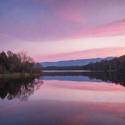 Beautiful sunset over a tranquil lake, with vivid pinks and purples reflected in the calm water.