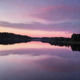 Beautiful sunset over a tranquil lake, with vivid pinks and purples reflected in the calm water.