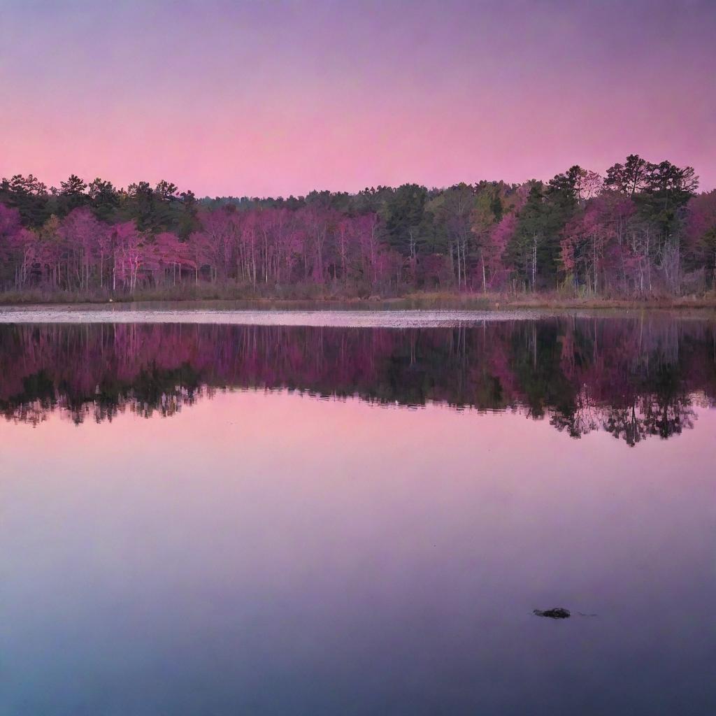 Beautiful sunset over a tranquil lake, with vivid pinks and purples reflected in the calm water.