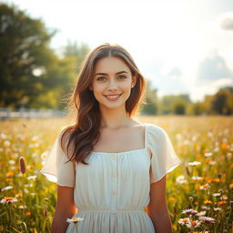 A young white brunette woman with gentle features and soft, expressive eyes, wearing a light pastel dress that flows softly around her