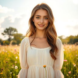 A young white brunette woman with gentle features and soft, expressive eyes, wearing a light pastel dress that flows softly around her