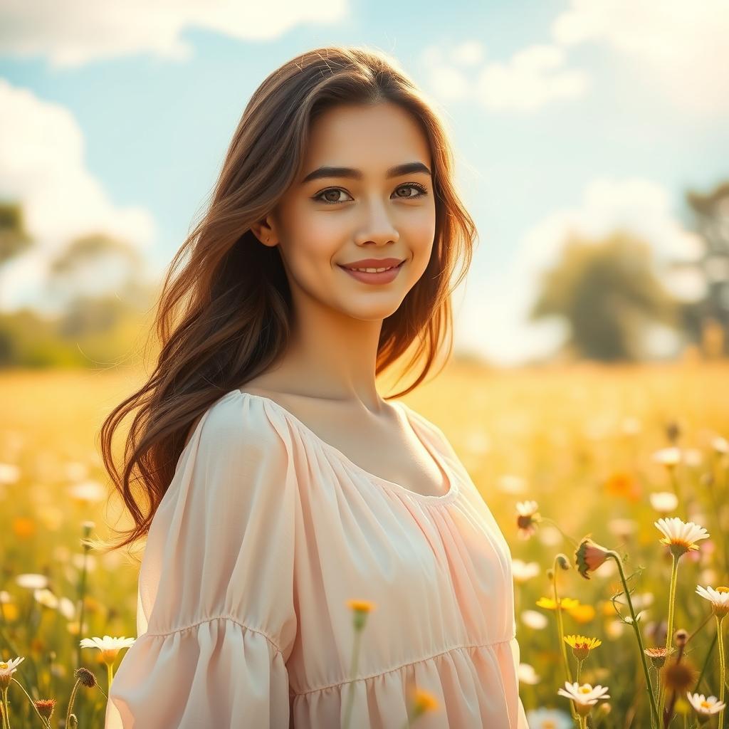 A young white brunette woman with gentle features and soft, expressive eyes, wearing a light pastel dress that flows softly around her