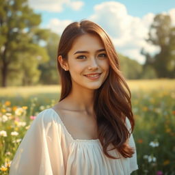 A young white brunette woman with gentle features and soft, expressive eyes, wearing a light pastel dress that flows softly around her