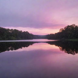 Beautiful sunset over a tranquil lake, with vivid pinks and purples reflected in the calm water.