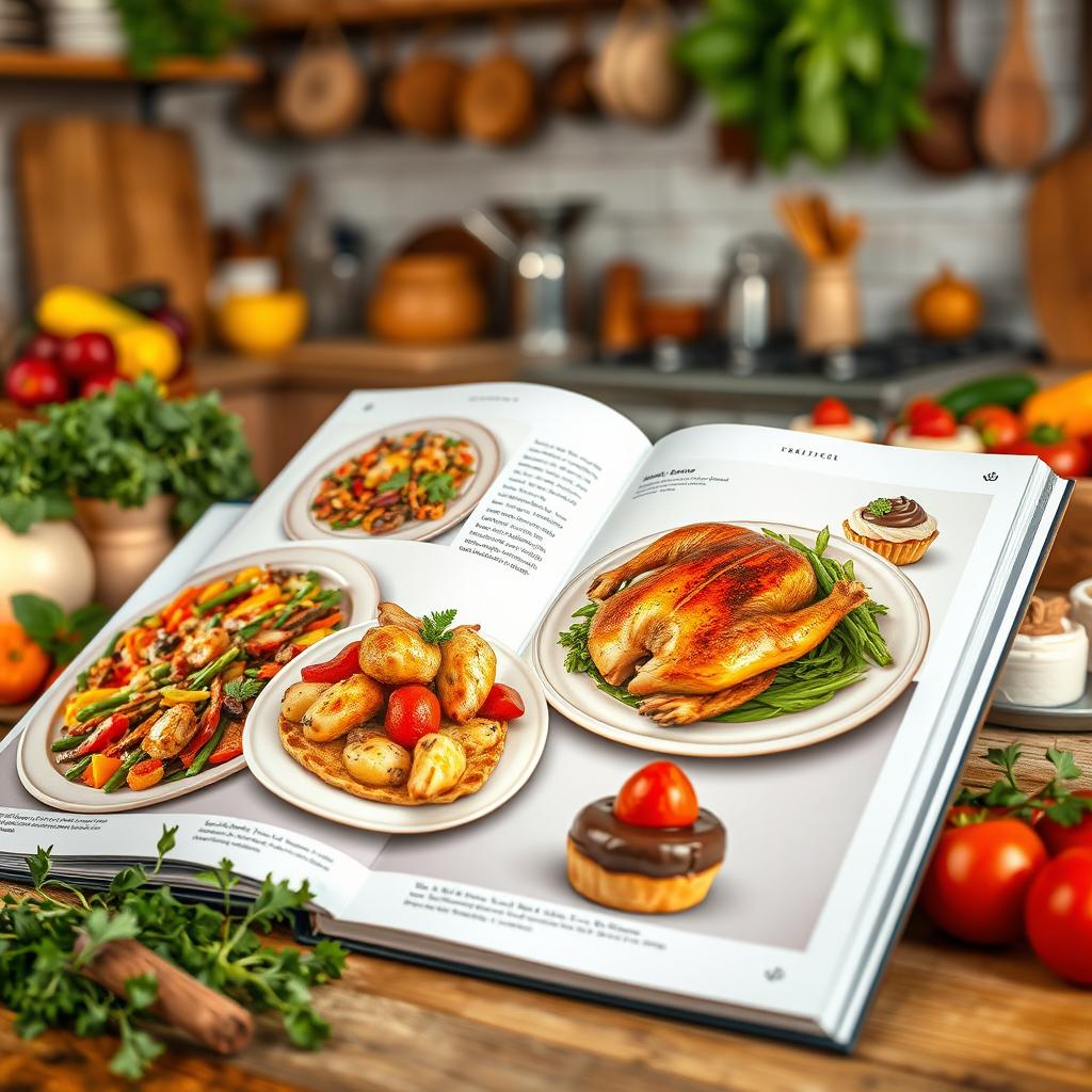 A beautifully arranged open cookbook featuring a variety of gourmet dishes, including a colorful vegetable medley, a perfectly roasted chicken, and elegant desserts like a chocolate mousse and fresh fruit tarts