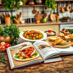 A beautifully arranged open cookbook featuring a variety of gourmet dishes, including a colorful vegetable medley, a perfectly roasted chicken, and elegant desserts like a chocolate mousse and fresh fruit tarts