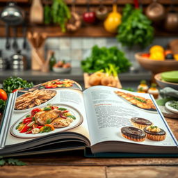 A beautifully arranged open cookbook featuring a variety of gourmet dishes, including a colorful vegetable medley, a perfectly roasted chicken, and elegant desserts like a chocolate mousse and fresh fruit tarts