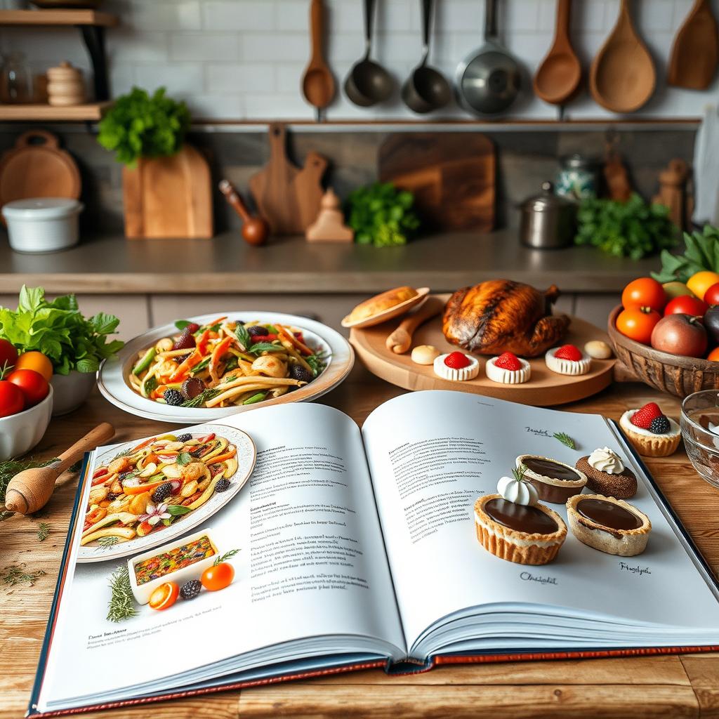 A beautifully arranged open cookbook featuring a variety of gourmet dishes, including a colorful vegetable medley, a perfectly roasted chicken, and elegant desserts like a chocolate mousse and fresh fruit tarts