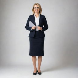 A detailed full-body portrait of a modern, female 21st-century teacher. She is professionally dressed, with modern fashion trends, and carrying teaching essentials.