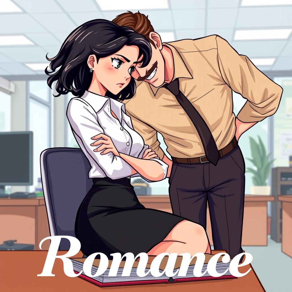 A romance book cover set in a corporate office background