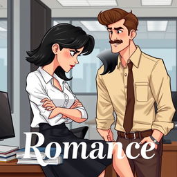 A romance book cover set in a corporate office background