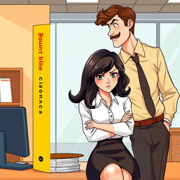 A romance book cover set in a corporate office background