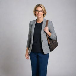 A detailed full-body portrait of a modern, female 21st-century teacher. She is professionally dressed, with modern fashion trends, and carrying teaching essentials.