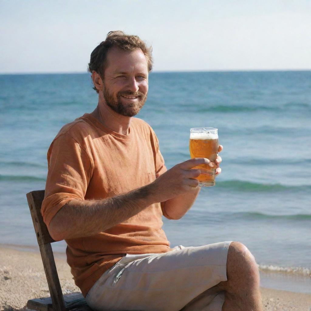 Generate an image of a person named John sitting next to the sea, leisurely holding an amber-colored beer in his hand.