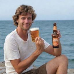 Generate an image of a person named John sitting next to the sea, leisurely holding an amber-colored beer in his hand.